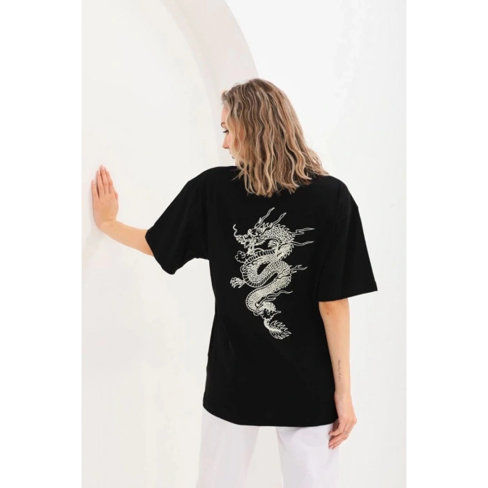 Kadın Kısa Kol Yazlık Tişört Bisiklet Yaka Ejderha Baskılı T-Shirt - Siyah