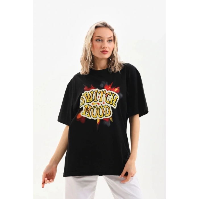 Kadın Kısa Kol Yazlık Tişört Bisiklet Yaka Ejderha Baskılı T-Shirt - Siyah