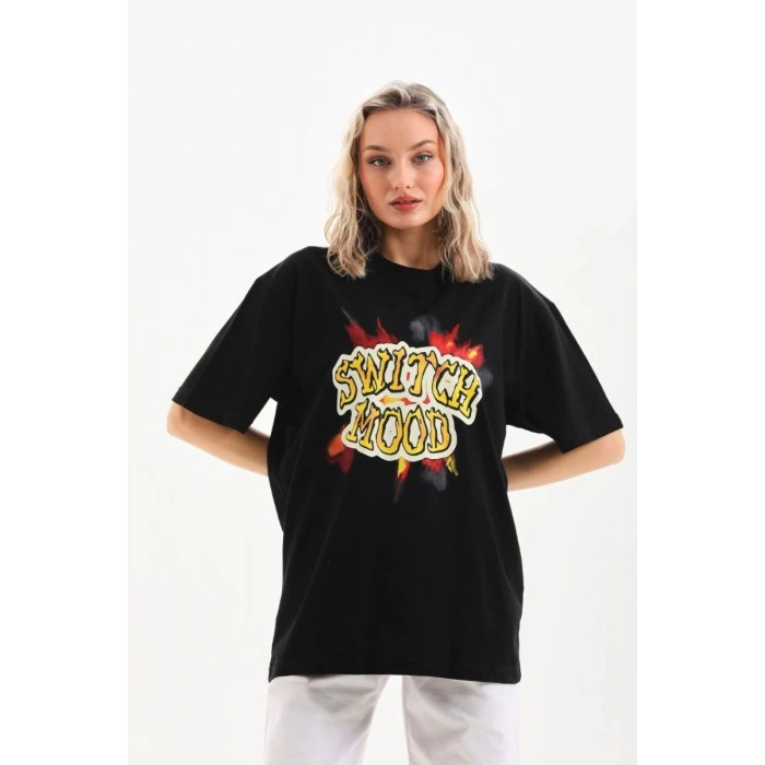 Kadın Kısa Kol Yazlık Tişört Bisiklet Yaka Ejderha Baskılı T-Shirt - Siyah