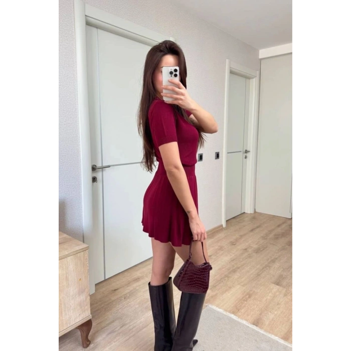 Kadın Kısa Kollu Bluz Mini Etekli ikili Takım Triko - Bordo