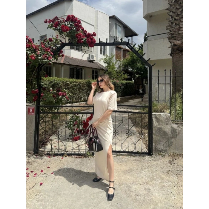 Kadın Kısa Kollu Uzun Yandan Yırtmaçlı Elbise - Bej