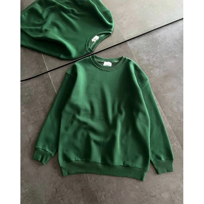Kadın Kışlık Bisiklet Yaka Üç İplik Basic SweatShirt - Haki
