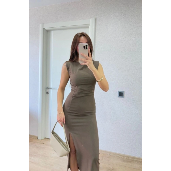 Kadın  kolsuz Elbise Sırtlı Kapalı Yandan Derin Yırtmaçlı - Antrasit