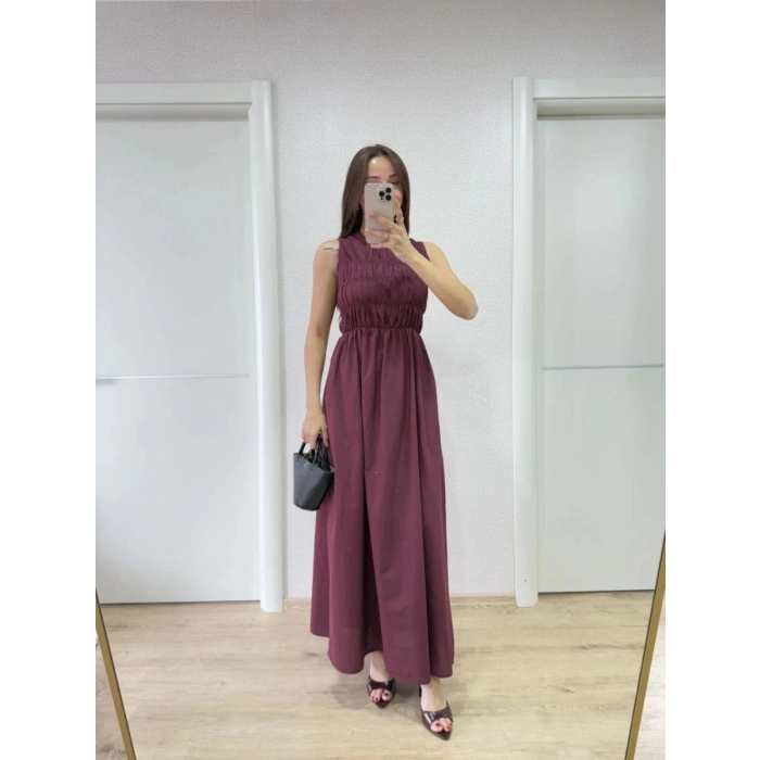 Kadın Kolsuz Göğüs Lastıklı %100 Poplin Uzun Elbise - Bordo