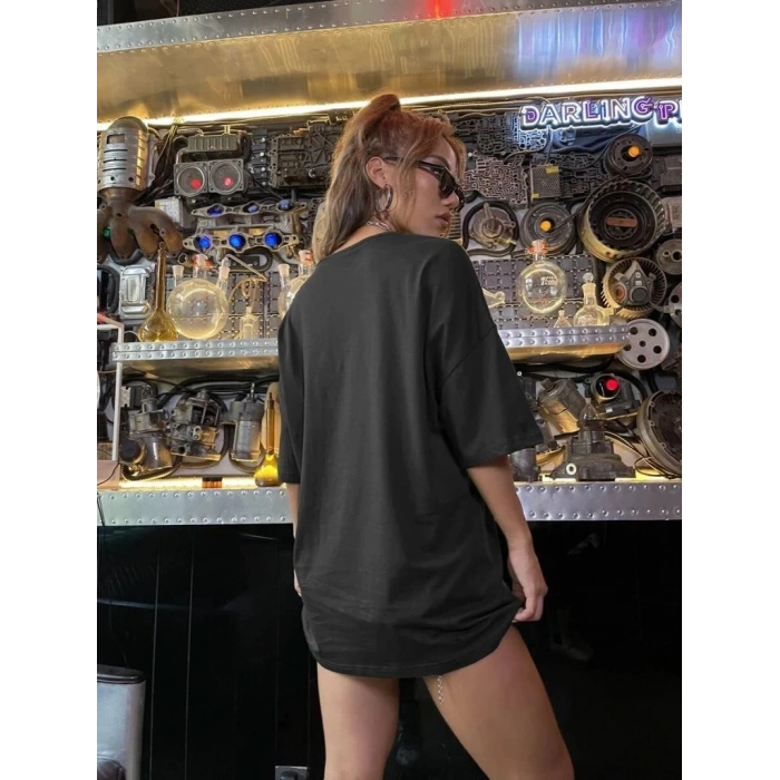 Kadın Leopar Kalp Baskılı Tişört Kısa Kol Bisiklet Yaka Oversize T-shirt - Siyah