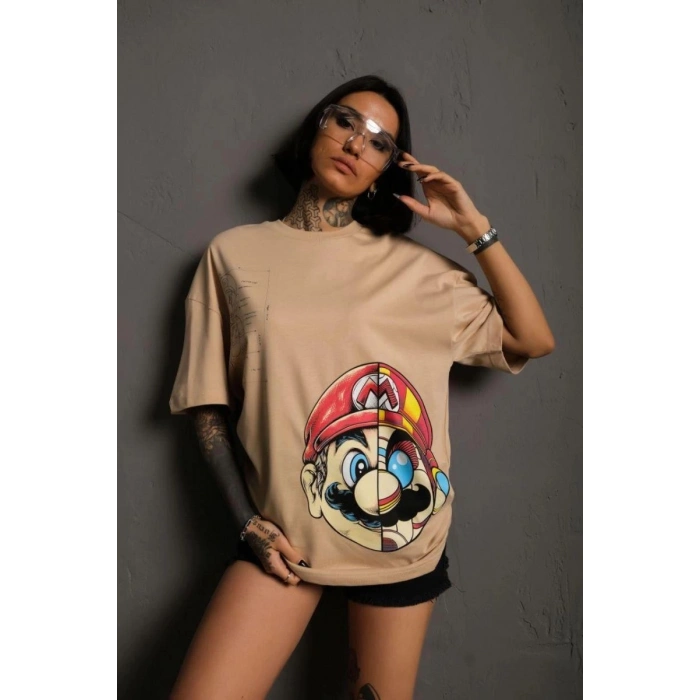 Kadın Mario Baskılı T-Shirt Oversize Kısa kol Bisiklet yaka tişort - Bej