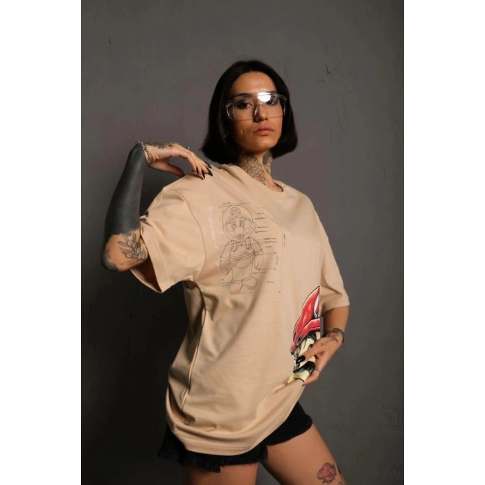 Kadın Mario Baskılı T-Shirt Oversize Kısa kol Bisiklet yaka tişort - Bej