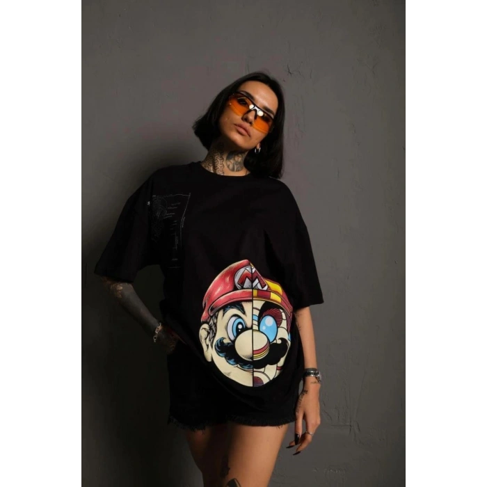 Kadın Mario Baskılı T-Shirt Oversize Kısa kol Bisiklet yaka tişort - Siyah