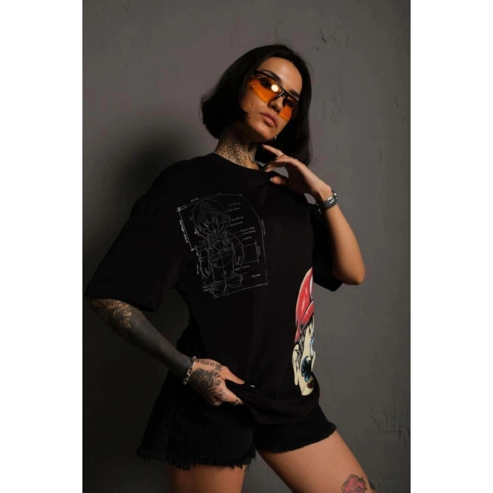 Kadın Mario Baskılı T-Shirt Oversize Kısa kol Bisiklet yaka tişort - Siyah