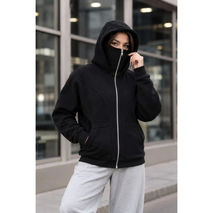 Kadın Maskeli Ninja Model Çift Kapüşonlu 3 İplik Şardonlu Fermuarlı Oversize Sweatshirt - Siyah