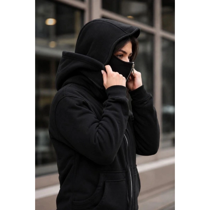 Kadın Maskeli Ninja Model Çift Kapüşonlu 3 İplik Şardonlu Fermuarlı Oversize Sweatshirt - Siyah