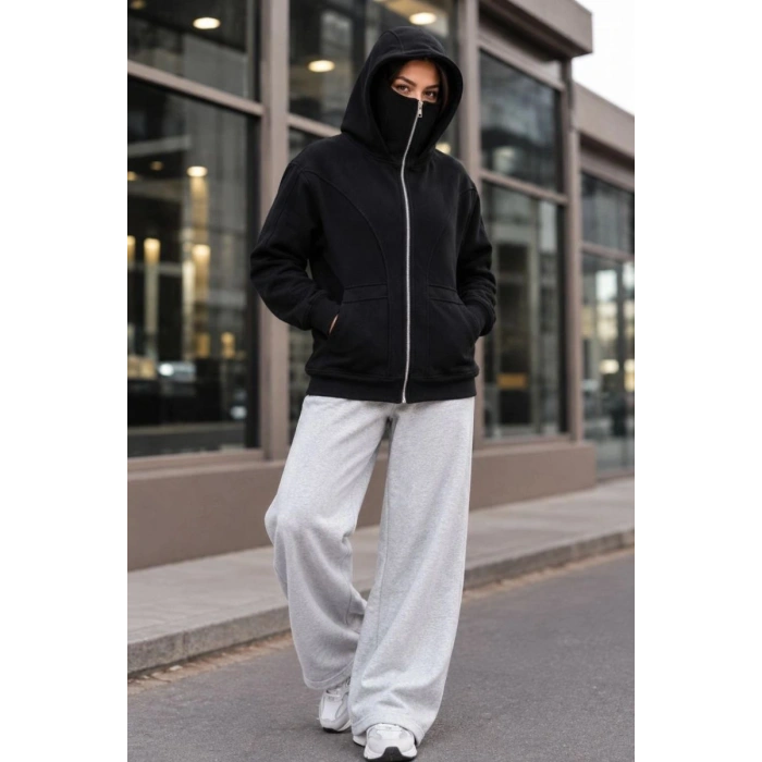 Kadın Maskeli Ninja Model Çift Kapüşonlu 3 İplik Şardonlu Fermuarlı Oversize Sweatshirt - Siyah