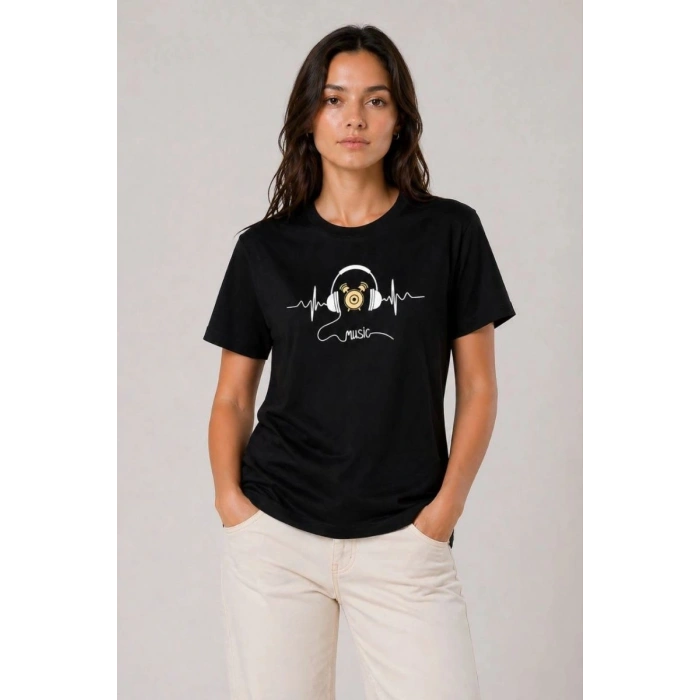 Kadın Müzik Temalı Baskılı Tişört Bisiklet Yaka Kısa Kol T-Shirt - Siyah