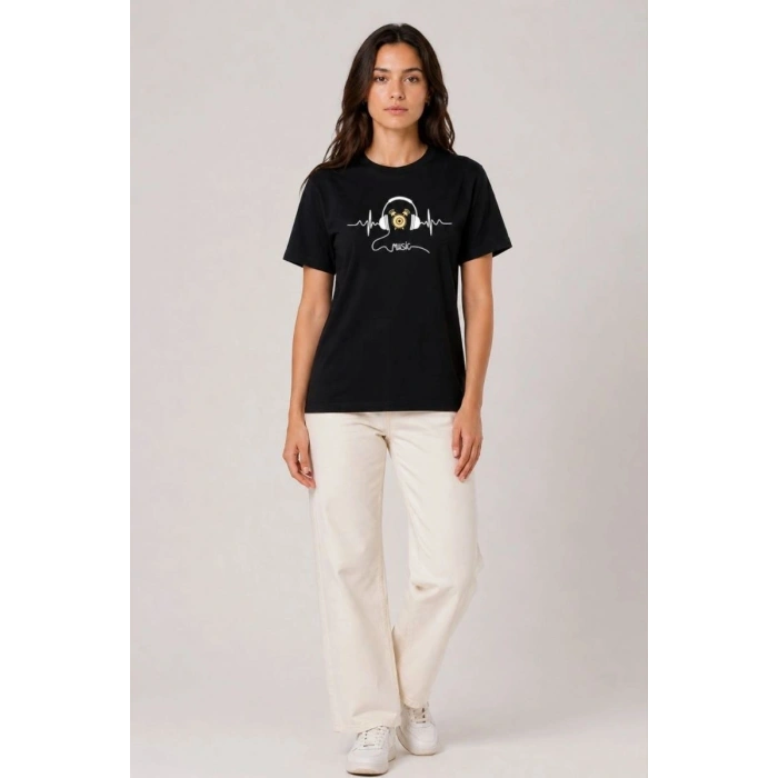 Kadın Müzik Temalı Baskılı Tişört Bisiklet Yaka Kısa Kol T-Shirt - Siyah