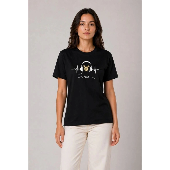 Kadın Müzik Temalı Baskılı Tişört Bisiklet Yaka Kısa Kol T-Shirt - Siyah