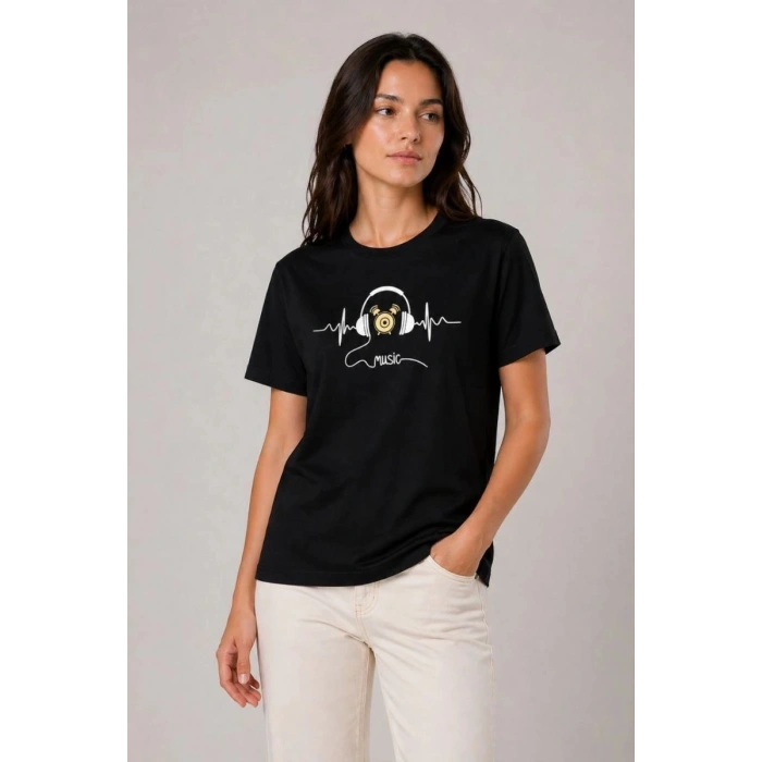 Kadın Müzik Temalı Baskılı Tişört Bisiklet Yaka Kısa Kol T-Shirt - Siyah