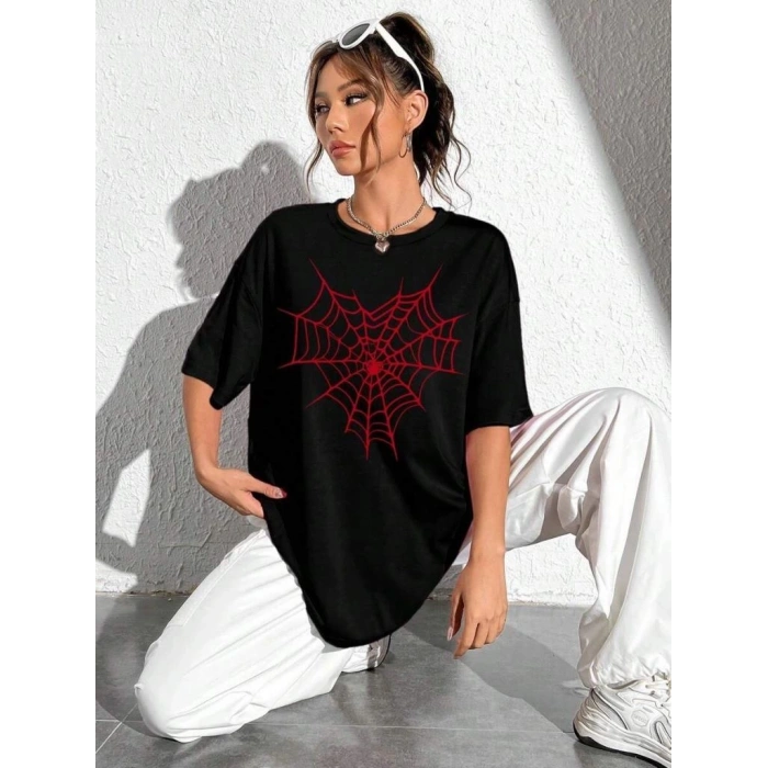Kadın Örümcek Ağ Baskılı T-Shirt Kısa Kol Bisiklet Yaka Oversize Tişört - Siyah