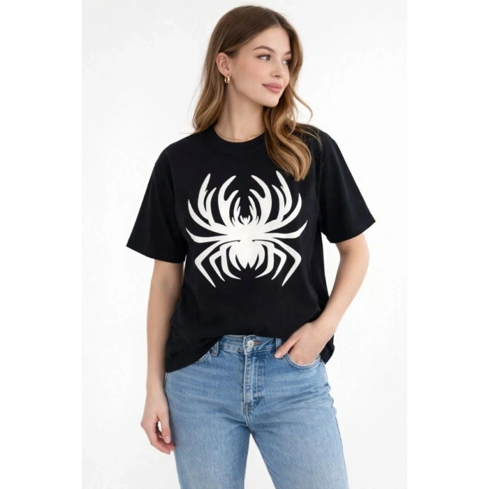 Kadın Örümcek Baskılı Tişört Kısa Kollu Bisiklet Yaka T-Shirt - Siyah