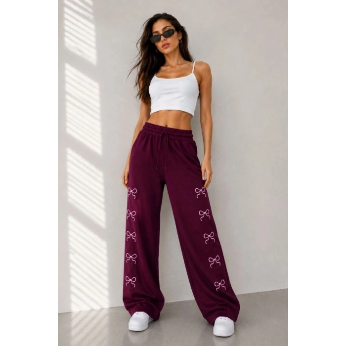 Kadın Osy Modal Yumuşak Dokulu Nakış İşlemeli Cepli Oversize Bol Paça Eşofman Altı - Bordo