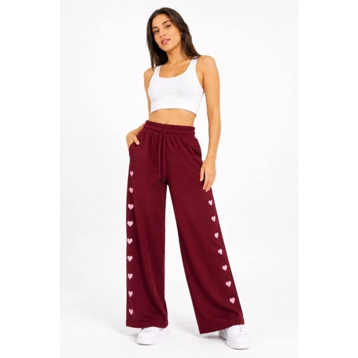 Kadın Osy Modal Yumuşak Dokulu Nakışlı Cepli Oversize Bol Paça Eşofman Altı - Bordo