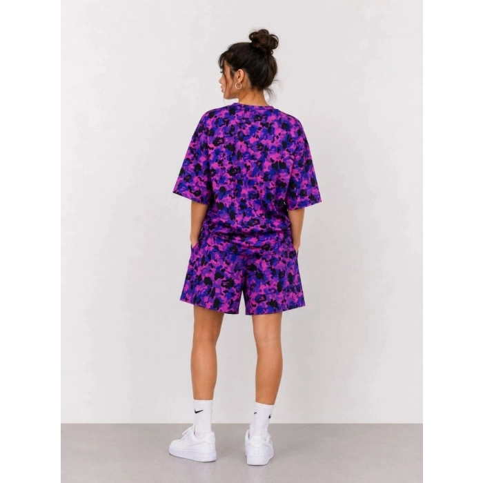 Kadın Oversize Kalıp Pubg Bape X Shark Nakışlı Cepli Şort Takım - Mor