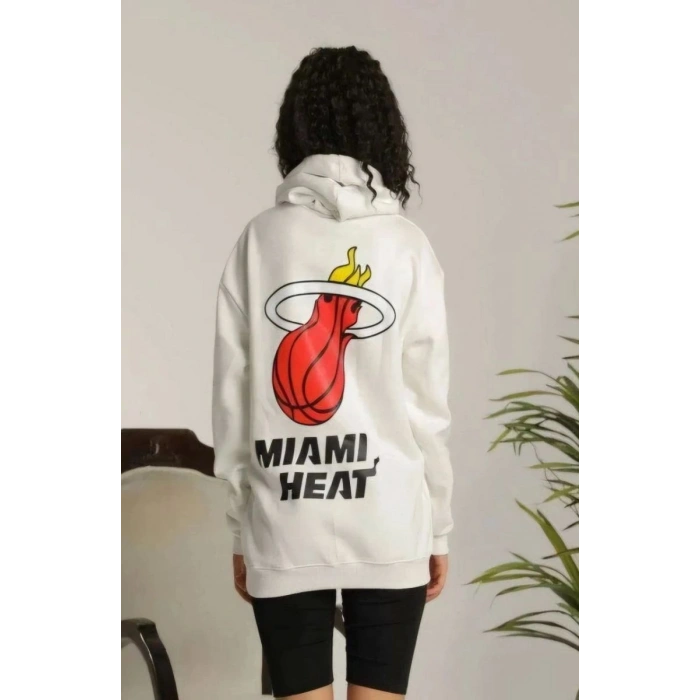 Kadın Oversize Kapüşonlu Cepli Baskılı 3 İplik Pamuklu Hoodie Sweatshirt - Beyaz
