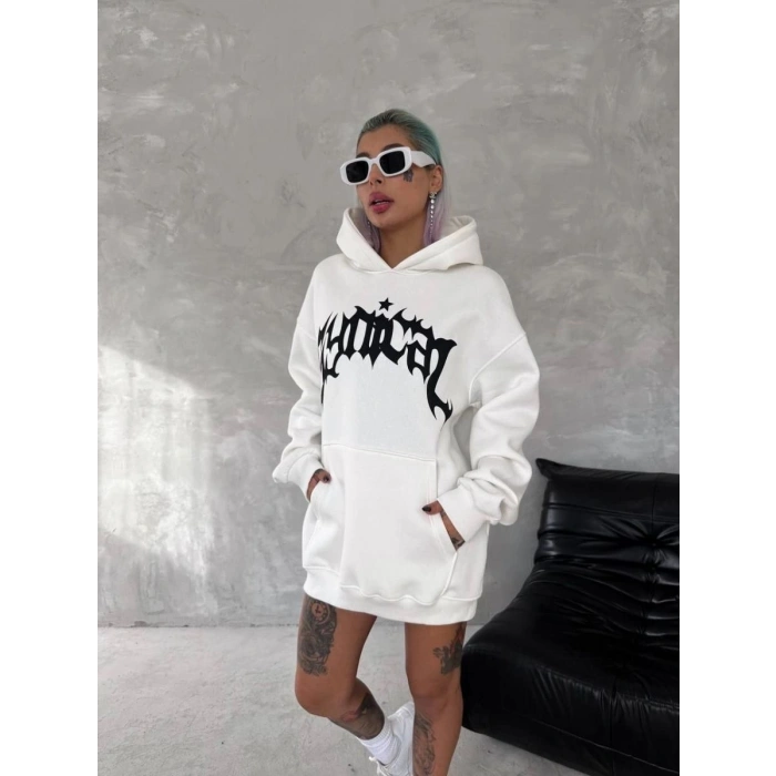 Kadın Oversize Kapüşonlu Cepli Baskılı 3 İplik Pamuklu Hoodie Sweatshirt - Beyaz