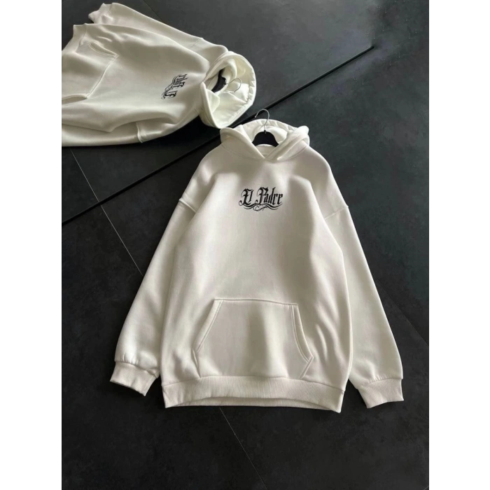 Kadın Oversize Kapüşonlu Cepli Baskılı 3 İplik Pamuklu Hoodie Sweatshirt - Beyaz