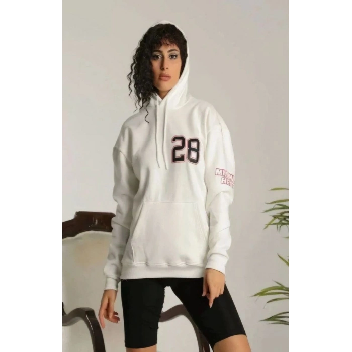 Kadın Oversize Kapüşonlu Cepli Baskılı 3 İplik Pamuklu Hoodie Sweatshirt - Beyaz