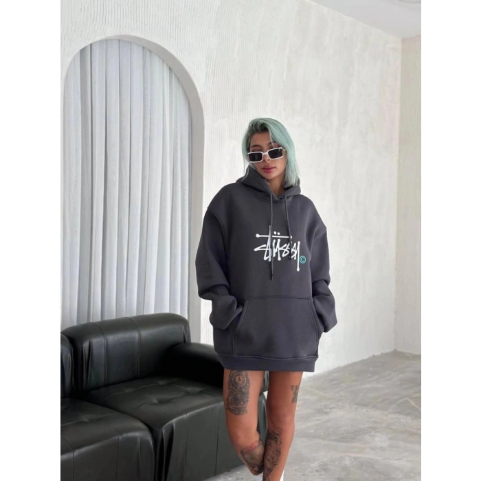 Kadın Oversize Kapüşonlu Cepli Baskılı 3 İplik Pamuklu Hoodie Sweatshirt - Füme