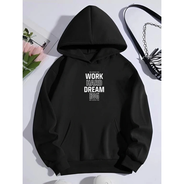 Kadın Oversize Kapüşonlu Cepli Baskılı 3 İplik Pamuklu Hoodie Sweatshirt - Siyah