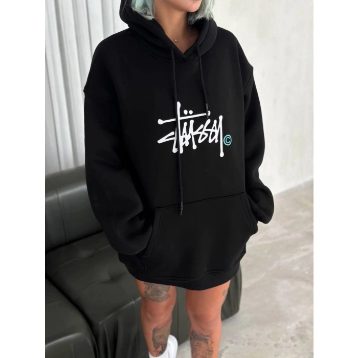 Kadın Oversize Kapüşonlu Cepli Baskılı 3 İplik Pamuklu Hoodie Sweatshirt - Siyah