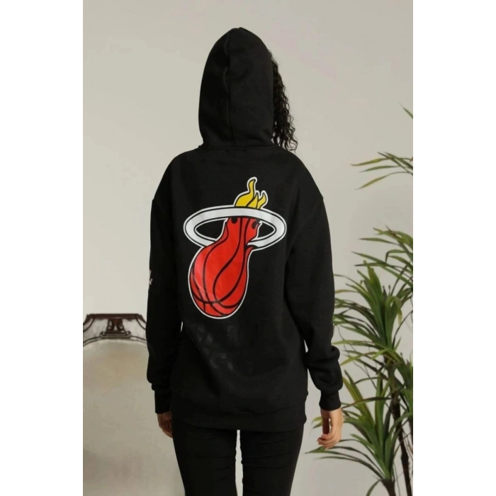 Kadın Oversize Kapüşonlu Cepli Baskılı 3 İplik Pamuklu Hoodie Sweatshirt - Siyah