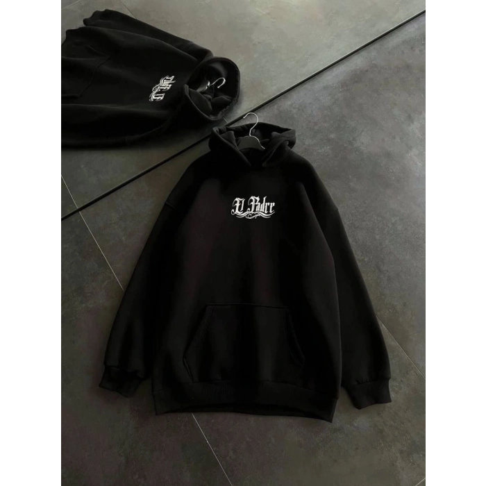 Kadın Oversize Kapüşonlu Cepli Baskılı 3 İplik Pamuklu Hoodie Sweatshirt - Siyah