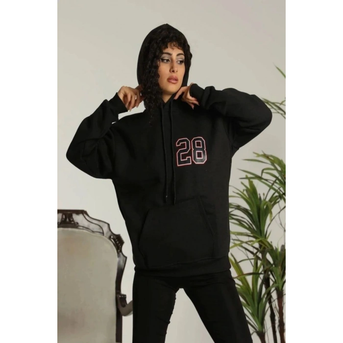 Kadın Oversize Kapüşonlu Cepli Baskılı 3 İplik Pamuklu Hoodie Sweatshirt - Siyah