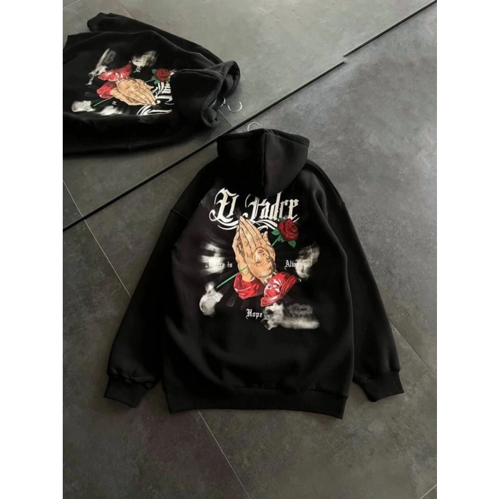 Kadın Oversize Kapüşonlu Cepli Baskılı 3 İplik Pamuklu Hoodie Sweatshirt - Siyah