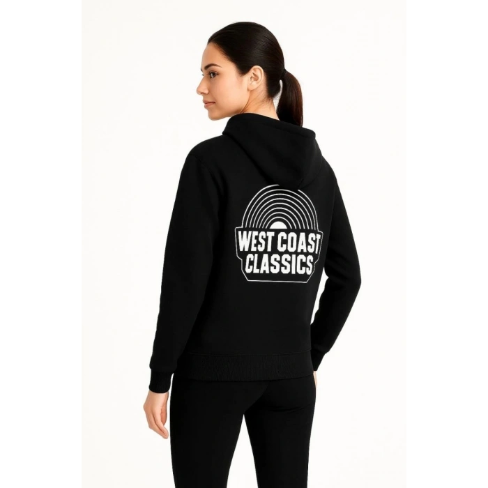 Kadın Oversize Kapüşonlu Cepli Baskılı 3 İplik Pamuklu Hoodie Sweatshirt - Siyah