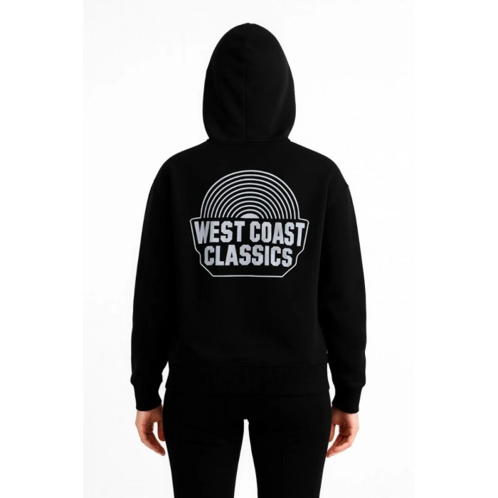 Kadın Oversize Kapüşonlu Cepli Baskılı 3 İplik Pamuklu Hoodie Sweatshirt - Siyah