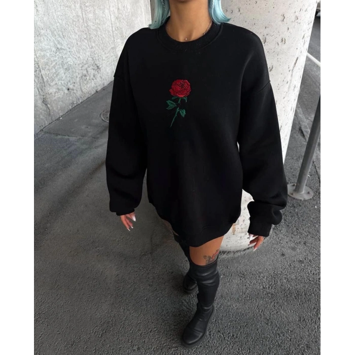 Kadın Oversize Kapüşonlu Cepli GÜL Baskılı 3 İplik Pamuklu Hoodie Sweatshirt - Siyah
