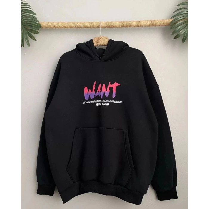 Kadın Oversize Kapüşonlu Cepli WANT Baskılı 3 İplik Pamuklu Hoodie Sweatshirt - Siyah