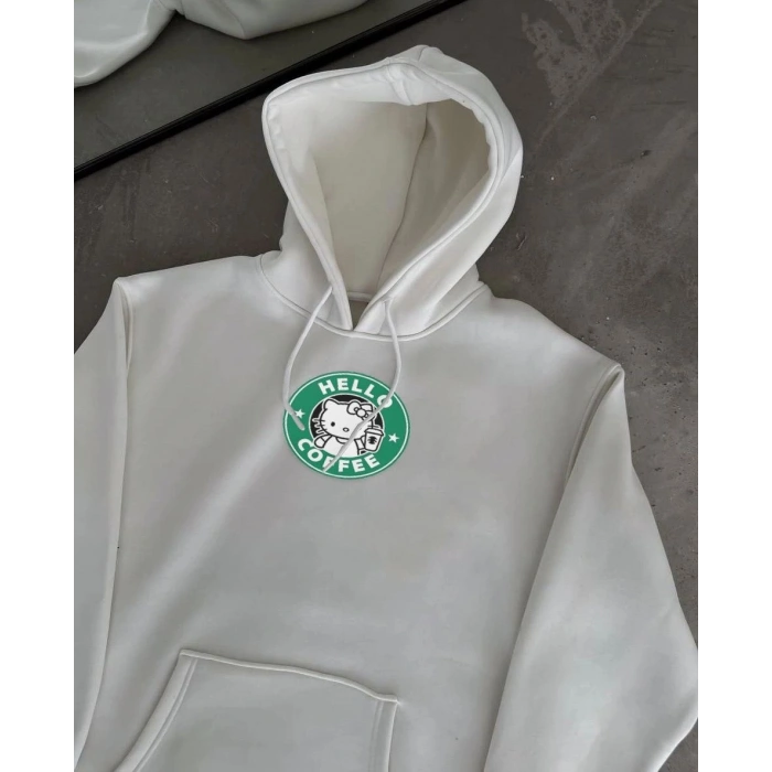 Kadın Oversize Kapüşonlu Kanguru Cepli Baskılı 3 İplik Pamuklu Sweatshirt Hoodie -   Beyaz