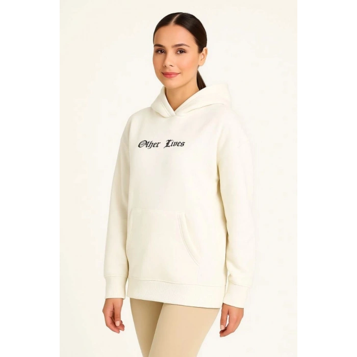Kadın Oversize Kapüşonlu Kanguru Cepli Baskılı 3 İplik Pamuklu Sweatshirt Hoodie -   Beyaz