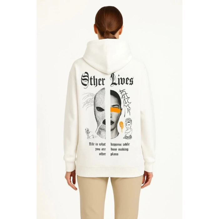 Kadın Oversize Kapüşonlu Kanguru Cepli Baskılı 3 İplik Pamuklu Sweatshirt Hoodie -   Beyaz