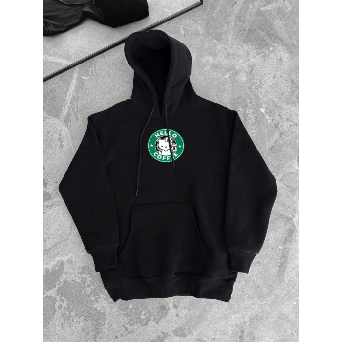Kadın Oversize Kapüşonlu Kanguru Cepli Baskılı 3 İplik Pamuklu Sweatshirt Hoodie -   Siyah