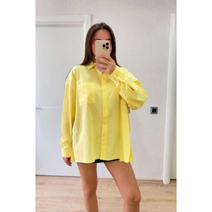 Kadın Oversize Pens Detaylı Cepli Yırtmaçlı Rahat Kalıp Poplin Gömlek - Sarı