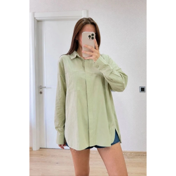 Kadın Oversize Pens Detaylı Cepli Yırtmaçlı Rahat Kalıp Poplin Gömlek - Yeşil