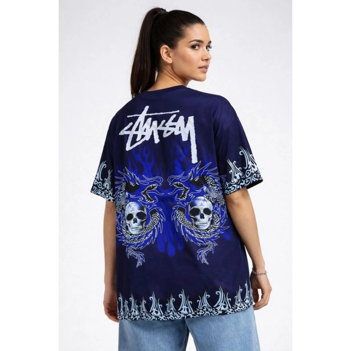 Kadın Oversize Tişört Dragon & Kuru Kafa Baskılı Bisiklet Yaka T-Shirt - Lacivert