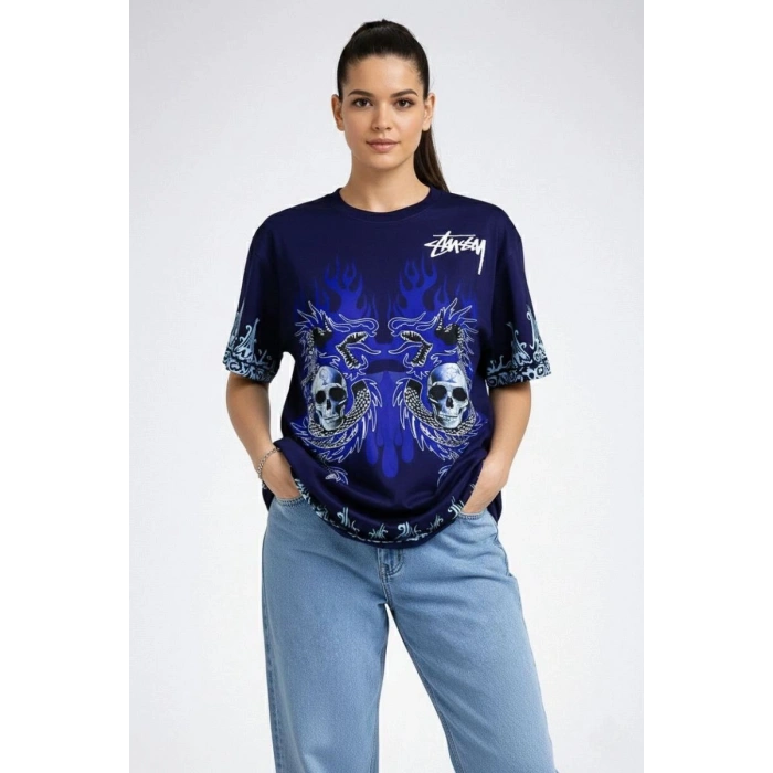 Kadın Oversize Tişört Dragon & Kuru Kafa Baskılı Bisiklet Yaka T-Shirt - Lacivert