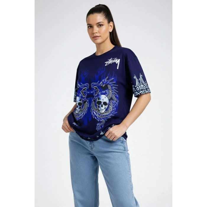 Kadın Oversize Tişört Dragon & Kuru Kafa Baskılı Bisiklet Yaka T-Shirt - Lacivert