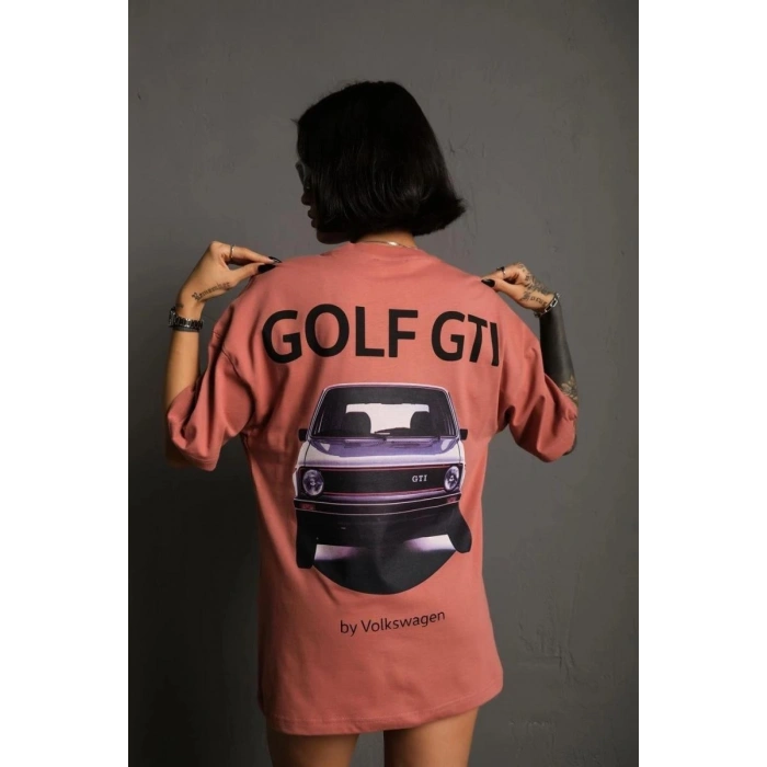 Kadın Oversize Tişört Golf GTI Retro Araba Baskılı T-shirt  - Gül Kurusu